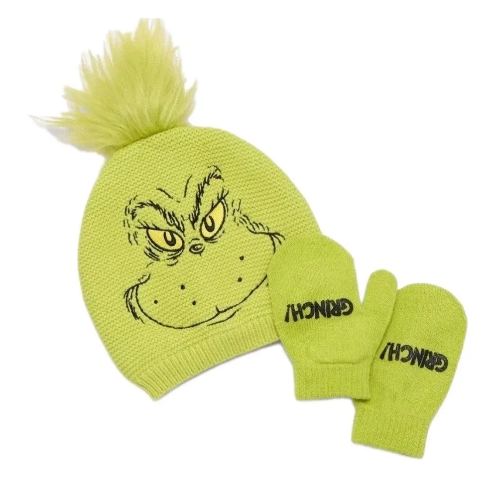 The Grinch Beanie &‎ Gloves Set One Size Child Green Lined Hat NWT Winter Gear